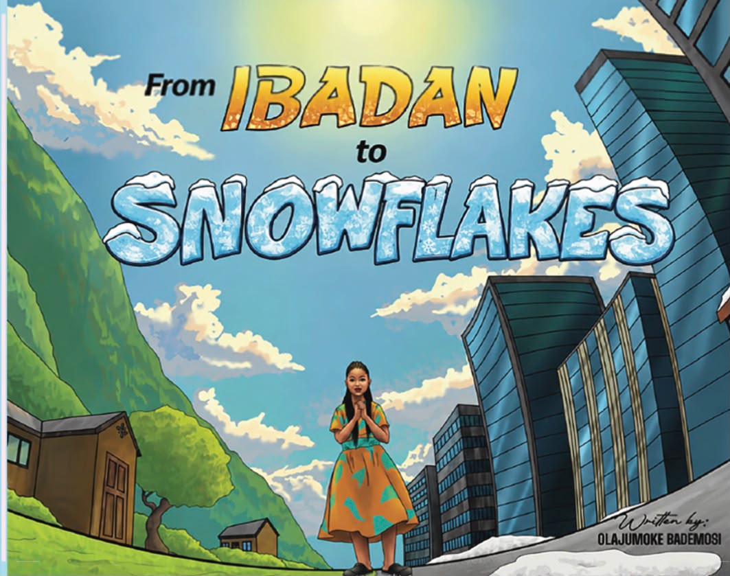 From Ibadan to Snowflakes by Olajumoke Bademosi, showing Amina between green hills and a snowy city